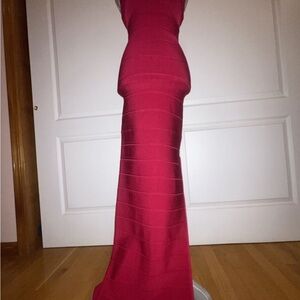 Herve Leger Red Ruched Strapless Bodycon Maxi Dress